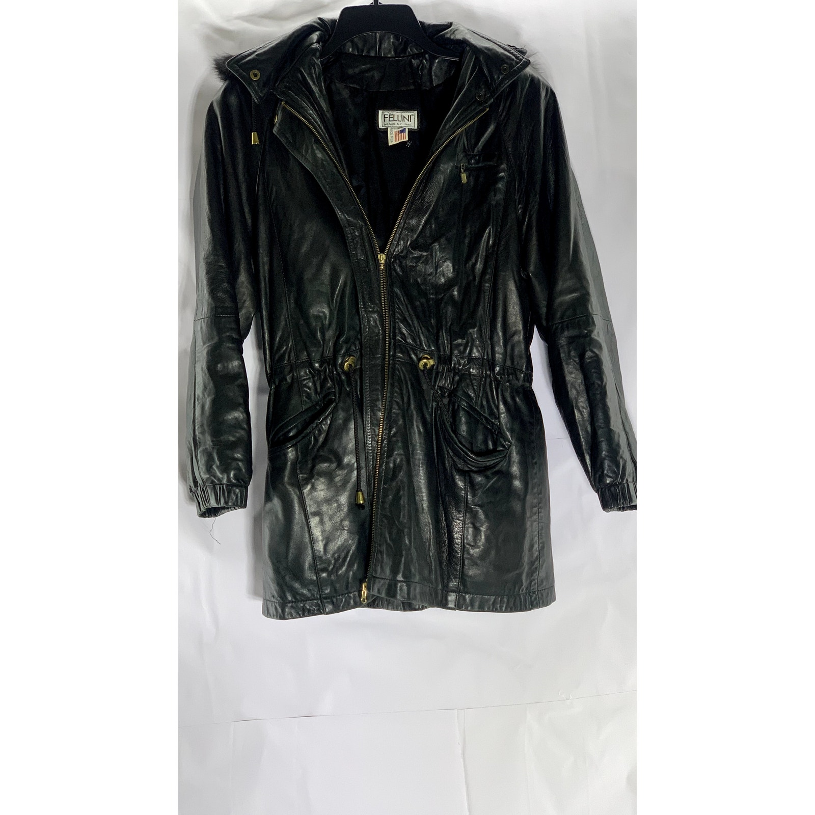 Fellini Women's Vintage Black Leather Faux-Fur Hooded Cinched Waist Jacket Sz S